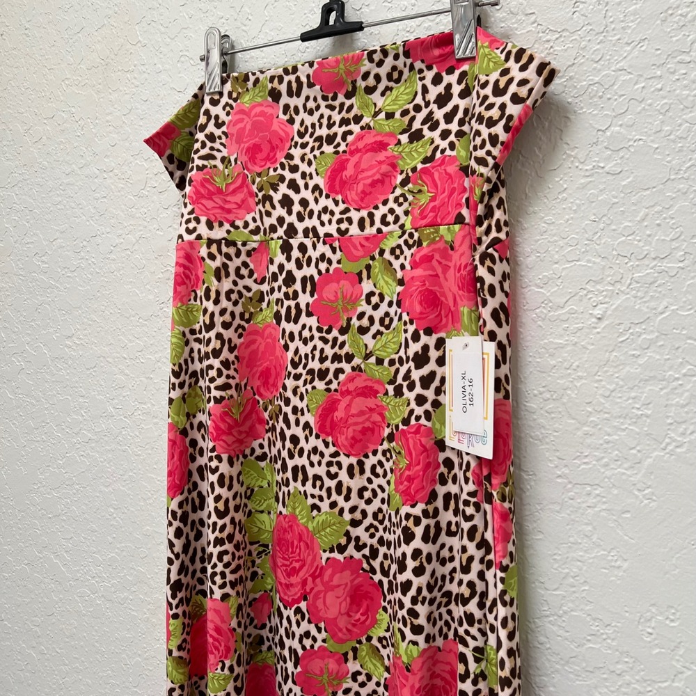 LuLaRoe Olivia Maxi Skirt XL Leopard Rose Print High Low Flowy NWT‎